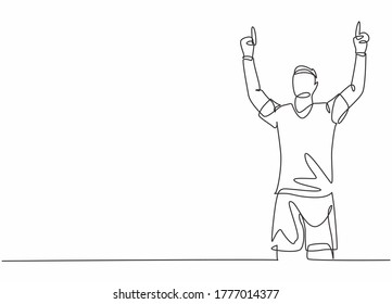 One single line drawing of young football player feels gratitude and pointing the fingers to the sky after goal scoring. Match goal celebration concept continuous line draw design vector illustration