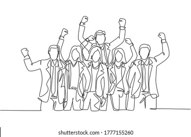 One single line drawing of young happy male and female manager open and raise their hands together. Trendy business teamwork celebration concept continuous line graphic draw design vector illustration