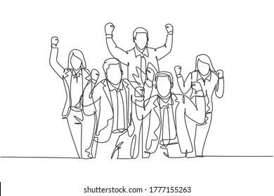 One single line drawing young happy male   female workers standing forming circle shape together  Business teamwork celebration concept continuous line draw design vector illustration