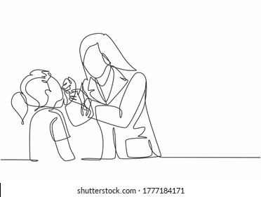 One Single Line Drawing Of Young Happy Female Dentist Examining And Do Filling Tooth To The Young Beautiful Girl Patient. Teeth Treatment Care Concept Continuous Line Draw Design Vector Illustration