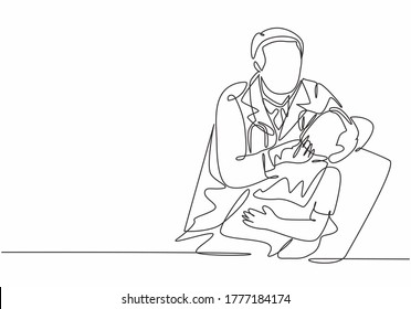 One single line drawing of young male dentist examine and pull a young boy tooth out at dental clinic. Teeth treatment health care service concept continuous line draw design vector illustration