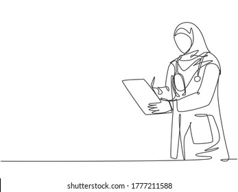 One single line drawing of young Arabian muslimah doctor wearing hijab writing medical report on clipboard at hospital. Medical health care concept continuous line draw design vector illustration