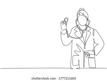 One Single Line Drawing Of Young Happy Female Doctor Pose Standing And Holding Stethoscope At Hospital. Medical Health Care Service Excellence Concept Continuous Line Draw Design Vector Illustration