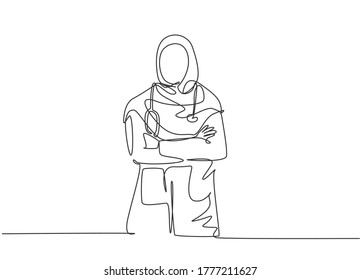 One single line drawing young muslimah Arabian doctor pose standing   put the hand cross in front her chest  Medical health care service concept continuous line draw design vector illustration