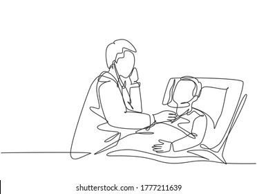 One single line drawing of young male doctor examining patient health condition and checking his pulse rate. Medical health care treatment concept continuous line draw design vector illustration