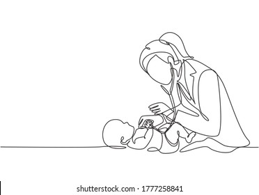 One Single Line Drawing Of Young Female Pediatric Doctor Examining Baby Health Condition And Check The Heart Beat. Medical Health Care Service Concept Continuous Line Draw Design Vector Illustration