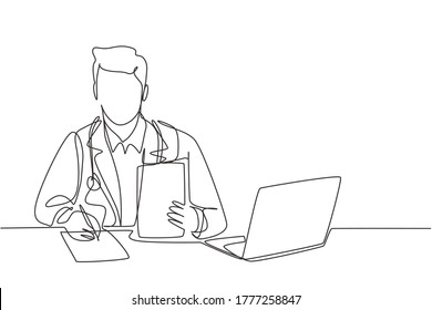 One single line drawing of young happy male doctor writing medical prescription to the sick patient at hospital desk. Medical healthcare service concept continuous line draw design vector illustration