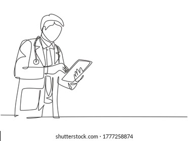 One Single Line Drawing Of Young Male Doctor Pose Standing To Read A Journal Health And Medical Record On Tablet. Medical Health Care Research Concept Continuous Line Draw Design Vector Illustration