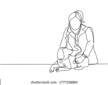 One single line drawing of young happy female veterinarian examining and take care of a sick dog because of a virus. Pet health care service concept continuous line draw design vector illustration