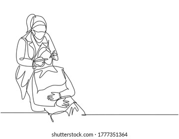 One Single Line Drawing Of Young Female Dentist Examining Patient's Teeth And Giving Tooth Filling At Dental Clinic. Mouth Health Care Treatment Concept Continuous Line Draw Design Vector Illustration