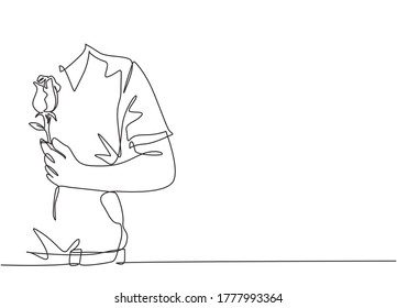 One single line drawing of young happy man holding beautiful rose flower as gift on his chest. Greeting card, invitation, logo, banner, poster concept continuous line draw design vector illustration