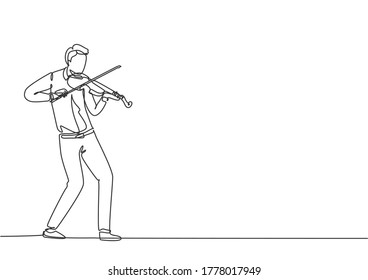 One single line drawing of young happy male violinist performing to play violin on music concert. Musician artist performance concept continuous line draw design vector graphic illustration