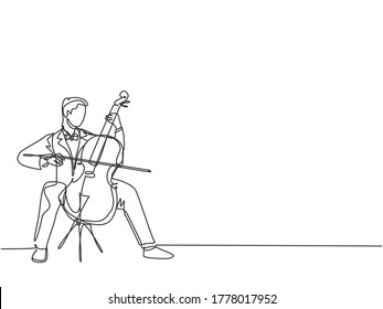 One single line drawing of young happy male cellist performing to play cello on classical orchestra concert. Musician artist performance concept continuous line graphic draw design vector illustration