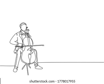 One single line drawing of young happy male cellist performing to play cello on classical orchestra theater. Musician artist performance concept continuous line draw graphic design vector illustration