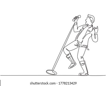 One single line drawing of young happy male rocker singer holding microphone and singing on concert stage. Musician artist performance concept continuous line draw design graphic vector illustration