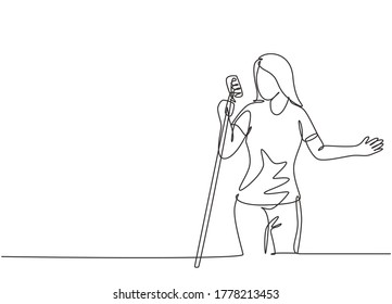 One single line drawing of young happy female singer holding a microphone and singing on music concert. Musician artist performance concept continuous line draw graphic design vector illustration