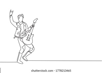 One single line drawing of young happy male guitarist playing electric guitar on music festival stage. Musician artist performance concept continuous line draw design vector graphic illustration