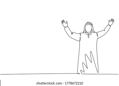 One single line drawing of young happy muslim employee celebrate his job promotion. Saudi Arabian worker with shmag, kandora, headscarf, thobe, ghutra. Continuous line draw design vector illustration
