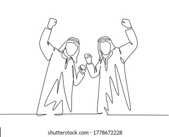 One single line drawing of young happy muslim employees celebrate their job promotion. Saudi Arabian with shmag; kandora; headscarf; thobe; ghutra. Continuous line draw design vector illustration