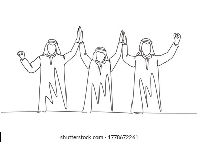 One single line drawing of young muslim marketing team raise hand together. Saudi Arabian businessmen with shmag, kandora, headscarf, thobe, ghutra. Continuous line draw design vector illustration