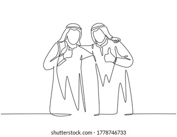 One single line drawing of young happy muslim businessman giving thumbs up gesture with colleague. Saudi Arabia cloth shmag, kandora, headscarf, thobe. Continuous line draw design vector illustration