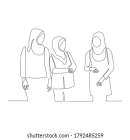 One single line drawing of young muslimah girls walking together with friends