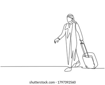 One single line drawing of young happy male muslim businessman carrying a suitcase out of airport. Saudi Arabia cloth shmag, kandora, headscarf, thobe. Continuous line draw design vector illustration