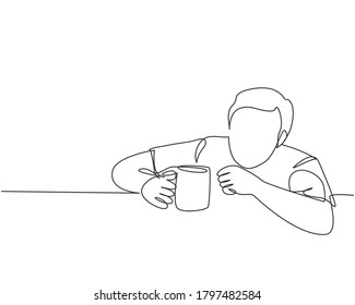 One single line drawing of young desperate worker staring blankly to a mug of coffee while order drink at cafe. Drinking coffee or tea concept continuous line draw symbol design vector illustration