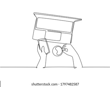 One single line drawing of young happy business manager typing on smartphone do online shopping while holding a cup of coffee. Drink tea concept continuous line draw symbol design vector illustration