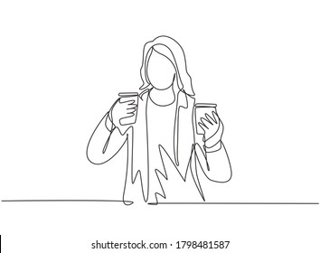 One single line drawing of young beauty female office employee holding two cup paper of coffee drink to her work partner. Drinking tea concept continuous line draw design vector graphic illustration