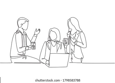 One single line drawing of young male and female human resource managers discussing about recruiting new team member workers. Continuous line draw design vector graphic illustration