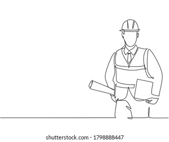 One single line drawing of young architect holding draft blueprint design roll paper and a clipboard. Building architecture business concept. Continuous line draw vector graphic design illustration