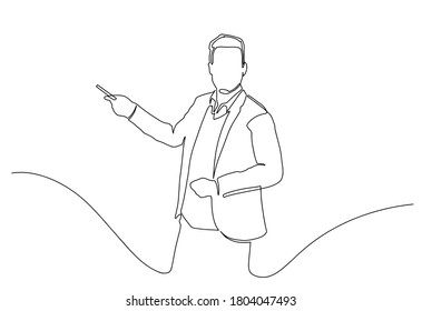 One single line drawing of young presenter explaining business strategy during team meeting. Effective training presentation for work office concept continuous line draw design vector illustration.