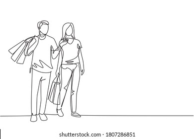 One Single Line Drawing Young Happy Romantic Couple Walking And Shopping Together While Holding Paper Bags At Mall. Commercial Retail Shopping Concept. Continuous Line Draw Design Illustration