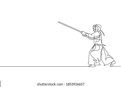 One Single Line Drawing Young Energetic Man Train Attack Skill On Kendo With Wooden Sword At Martial Art Center Vector Illustration. Combative Fight Sport Concept. Modern Continuous Line Draw Design