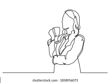 One single line drawing of young businesswoman standing and thinking of business ideas while having a cup of coffee, drink. Drink tea concept continuous line draw vector design graphic illustration.