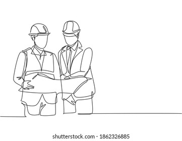 One single line drawing of young manager listening construction concept presentation from architect. Building architecture business concept. Continuous line draw design illustration