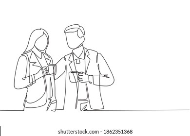 One single line drawing of young male and female office workers pose together while holding a cup of coffee. Work office life concept. Continuous line draw design vector illustration