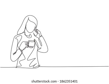 One single line drawing of young female office employee calling her work partner while holding a cup of coffee drink. Drinking tea concept continuous line draw graphic design vector illustration