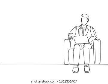 One single line drawing of young businessman typing business ideas draft on laptop while sitting on office chair. Drinking tea concept continuous line draw design vector graphic illustration