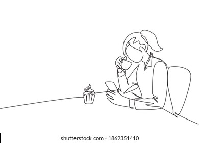 One single line drawing of young female marketing manager chatting with her team member while take a relax at coffee shop. Drinking tea concept continuous line draw vector design graphic illustration