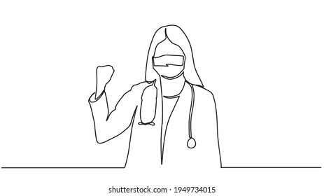 One single line drawing of young happy female doctor fist his hands to the air to celebrate his success treat the patient. Medical health care concept continuous line draw design vector illustration
