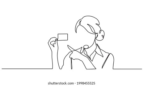 One single line drawing of young female business woman with business card. business woman concept continuous line draw design illustration. Business woman wearing a suit one line design.