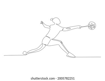 Un dibujo de una sola línea de una joven jugadora de bádminton energética toma la ilustración de vector gráfico de impacto del oponente. Concepto deportivo saludable. Diseño moderno de tracción continua para torneo de bádminton