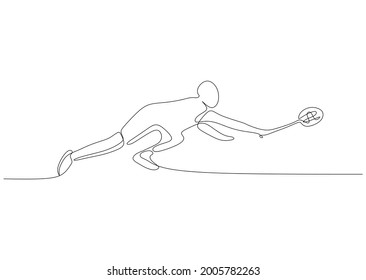 One single line drawing of young energetic badminton player take opponent's hit graphic vector illustration. Healthy sport concept. Modern continuous line draw design for badminton tournament poster