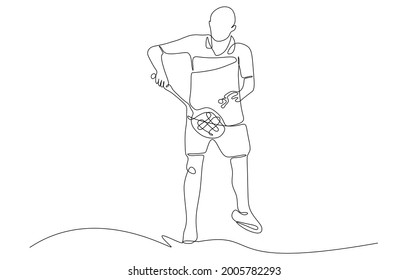 One single line drawing of young energetic man badminton player practice to serve a ball vector illustration. Sport training concept. Modern continuous line draw design for sport tournament banner