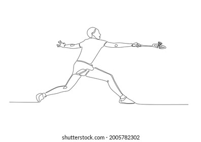 One single line drawing of young male energetic badminton player take opponent's hit graphic vector illustration. Healthy sport concept. Modern design for badminton tournament poster