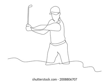 One single line drawing of young sporty golf player hit the ball using golf club vector graphic illustration. Healthy sport concept. Modern continuous line draw design for golf tournament poster