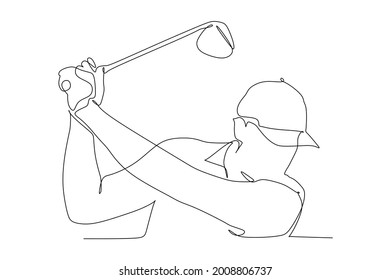 One single line drawing of young sporty golf player hit the ball using golf club vector graphic illustration. Healthy sport concept. Modern continuous line draw design for golf tournament poster