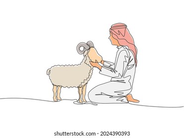 One single line drawing of young muslim holding a sheep. Islamic holiday the sacrifice a goat or sheep, Eid al Adha greeting card concept continuous line draw design illustration